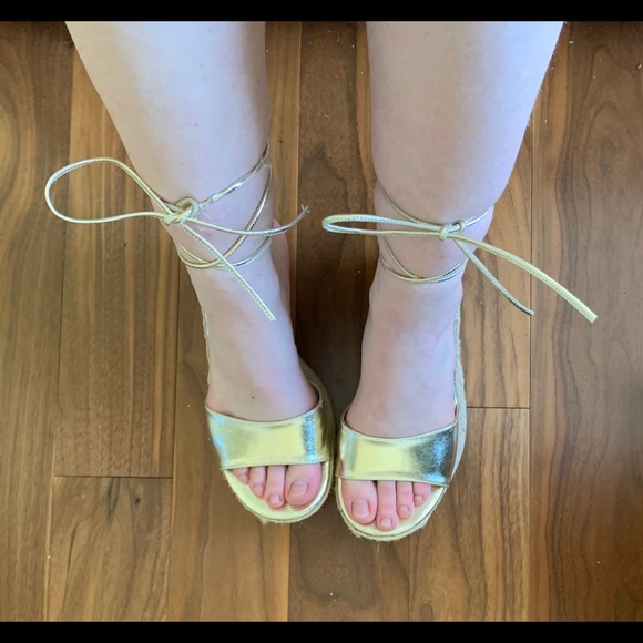 Elle Shiny gold leather sandals tie-up espadrille wedges with high platform US10 - Picture 7 of 12